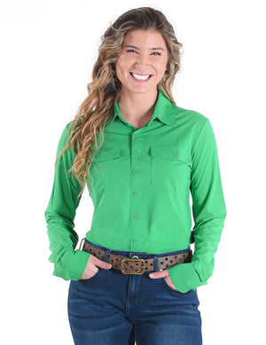 COWGIRL TUFF Women's Breathe Instant Cooling UPF Money Green Pullover Button Up