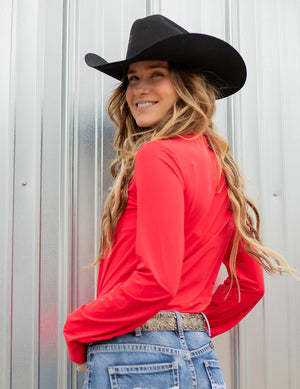 COWGIRL TUFF Women's Bright Red Breathe Cooling UPF Pullover Button-Down