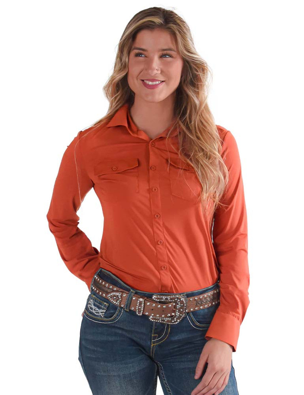 COWGIRL TUFF Women's Breathe Instant Cooling UPF Rust Pullover Button Up