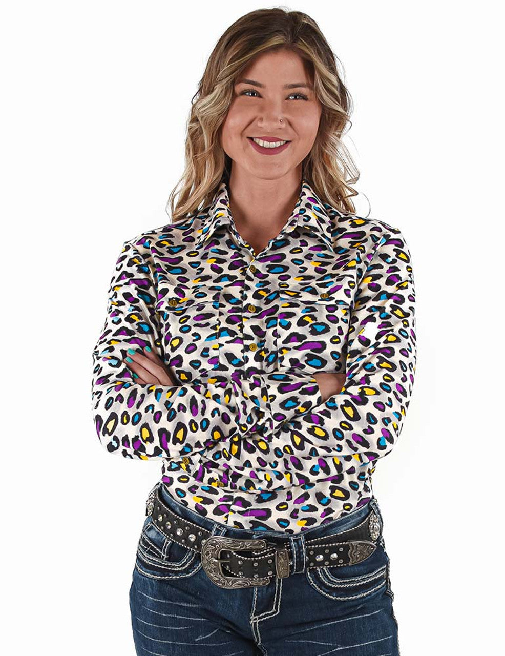 COWGIRL TUFF Women's Purple Yellow Turquoise Leopard Print Pullover Button-Up