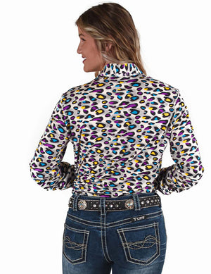 COWGIRL TUFF Women's Purple Yellow Turquoise Leopard Print Pullover Button-Up