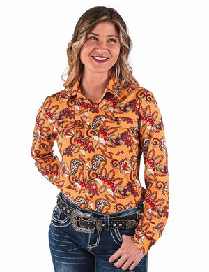 COWGIRL TUFF Women's Gold Paisley Print Pullover Button-Up