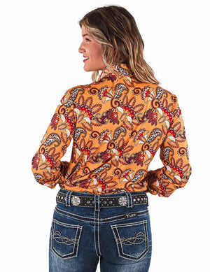 COWGIRL TUFF Women's Gold Paisley Print Pullover Button-Up