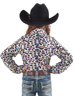 COWGIRL TUFF Girl's Purple Yellow Turquoise Leopard Print Pullover Button - Up