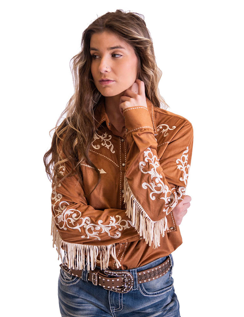 COWGIRL TUFF Caramel with Cream fringe and embroidery details, Mid-weight Stretch Suede Pullover Button-Up