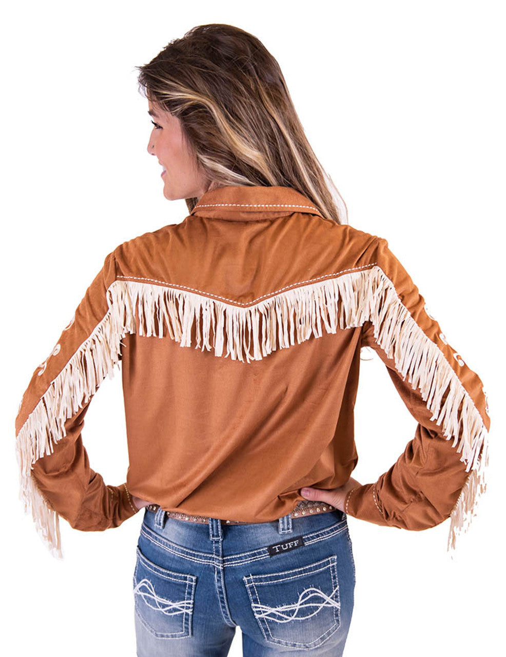 COWGIRL TUFF Caramel with Cream fringe and embroidery details, Mid-weight Stretch Suede Pullover Button-Up