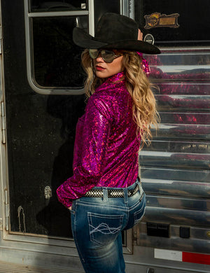 COWGIRL TUFF Pullover Button-Up (Hot Pink Metallic Lightweight Stretch Jersey)