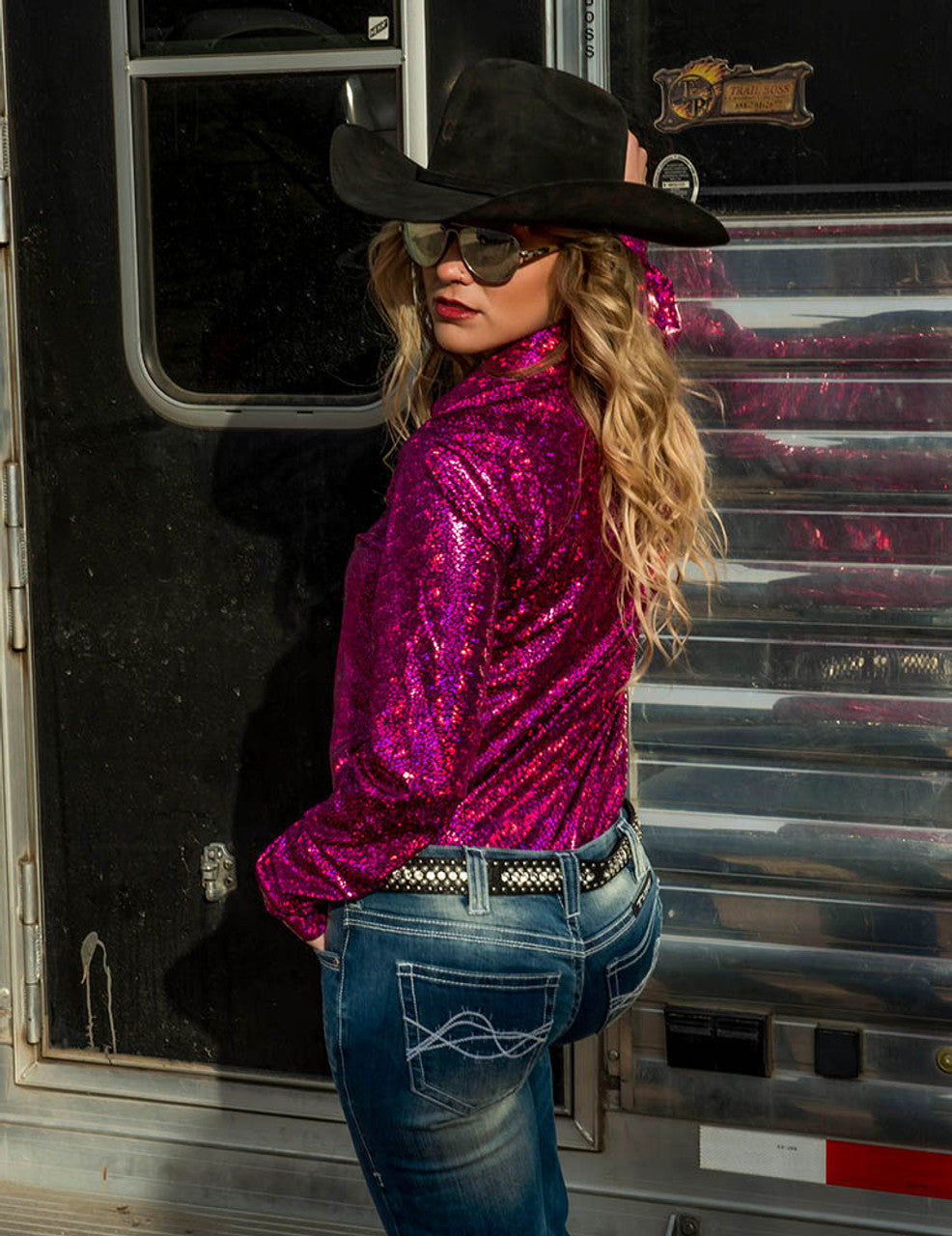 COWGIRL TUFF Hot Pink Metallic Lightweight Stretch Jersey Pullover Button-Up