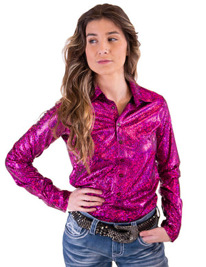 COWGIRL TUFF Pullover Button-Up (Hot Pink Metallic Lightweight Stretch Jersey)