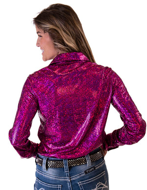COWGIRL TUFF Pullover Button-Up (Hot Pink Metallic Lightweight Stretch Jersey)