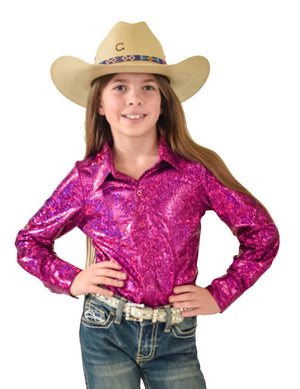 COWGIRL TUFF Girls Pullover Button-Up (Hot Pink Metallic Lightweight Stretch Jersey)