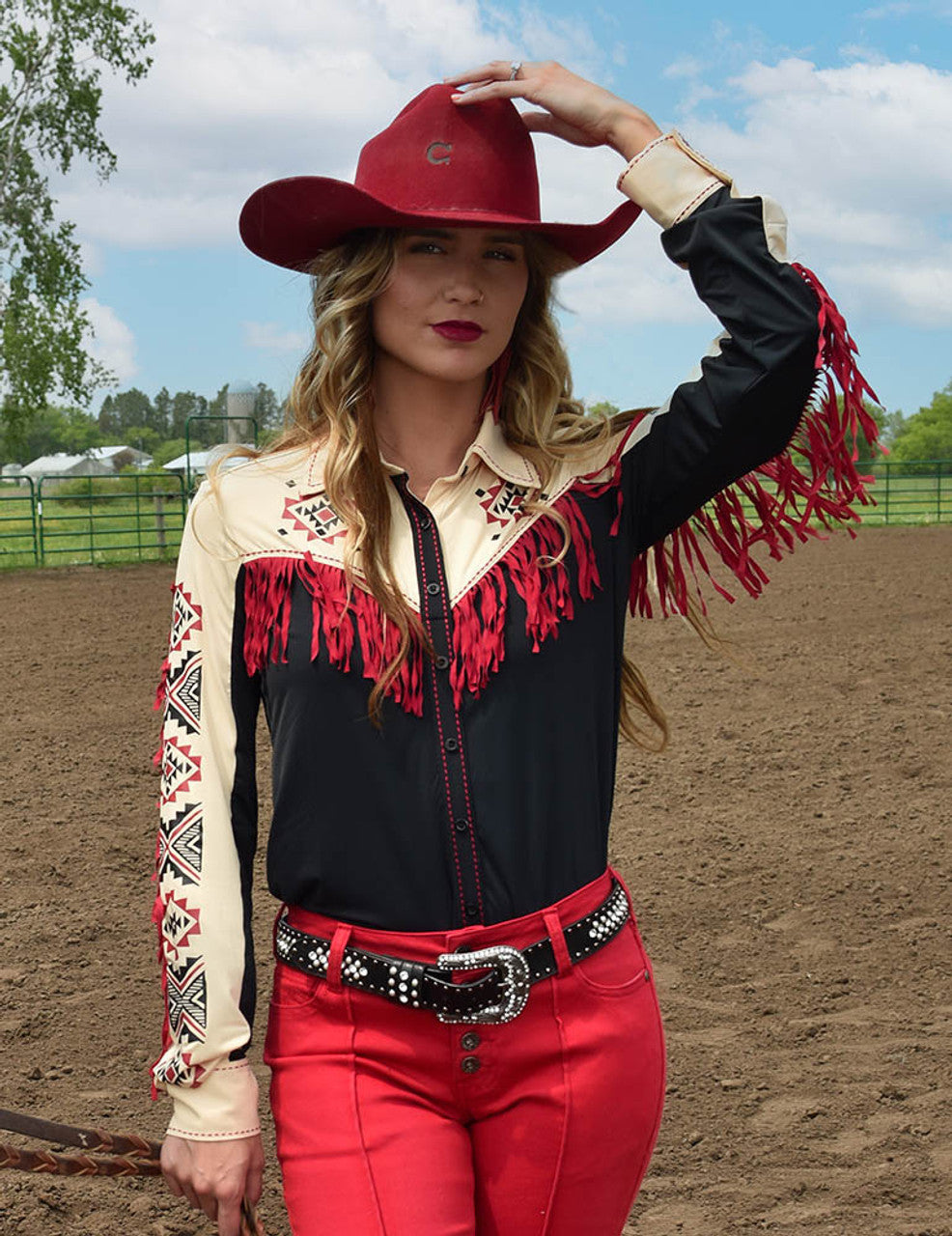 COWGIRL TUFF Black and Cream Fringe Breathe Pullover Button-Up