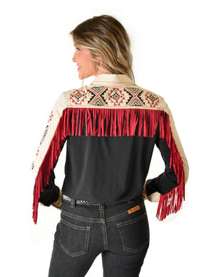 COWGIRL TUFF Black and Cream Fringe Breathe Pullover Button-Up