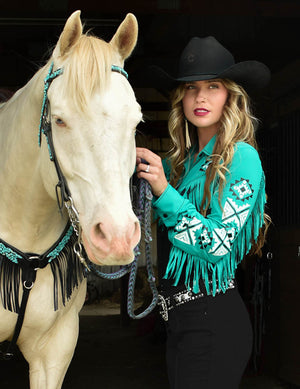 COWGIRL TUFF Black and Turquoise Lightweight Breathe with Print and Fringe Pullover Button-Up