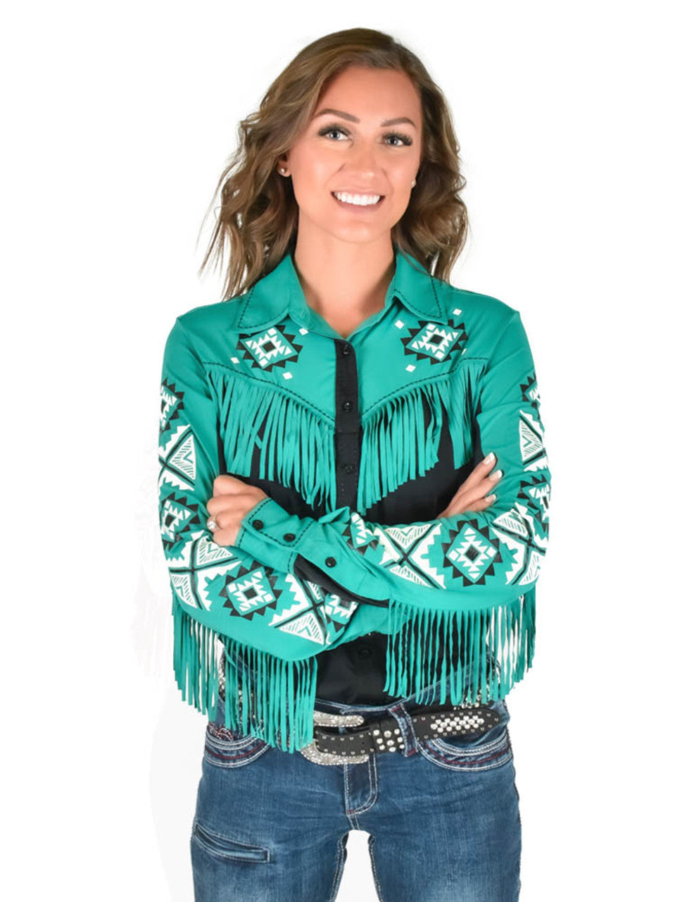 COWGIRL TUFF Black and Turquoise Lightweight Breathe with Print and Fringe Pullover Button-Up