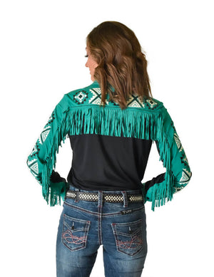 COWGIRL TUFF Black and Turquoise Lightweight Breathe with Print and Fringe Pullover Button-Up