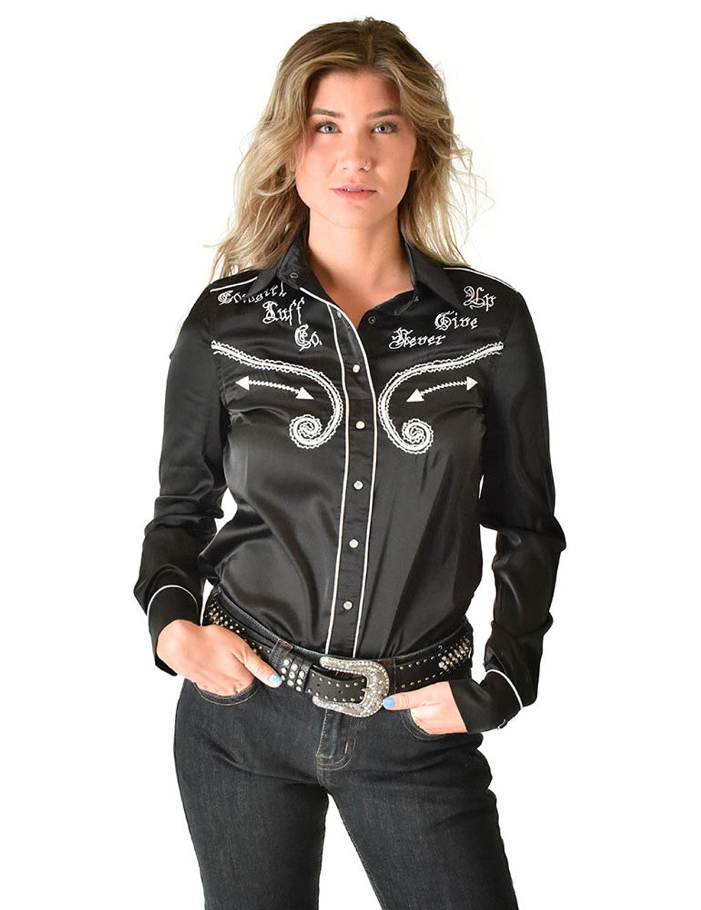 COWGIRL TUFF Black Satin Pullover Button-Up