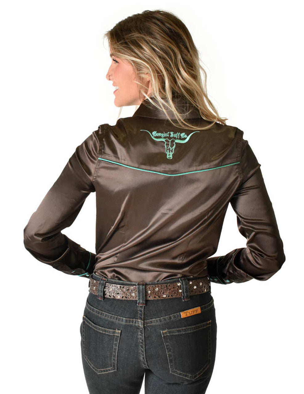 COWGIRL TUFF Brown Satin Pullover Button-Up