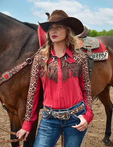 COWGIRL TUFF  Red and Leopard Fringe Breathe Pullover Button-Up