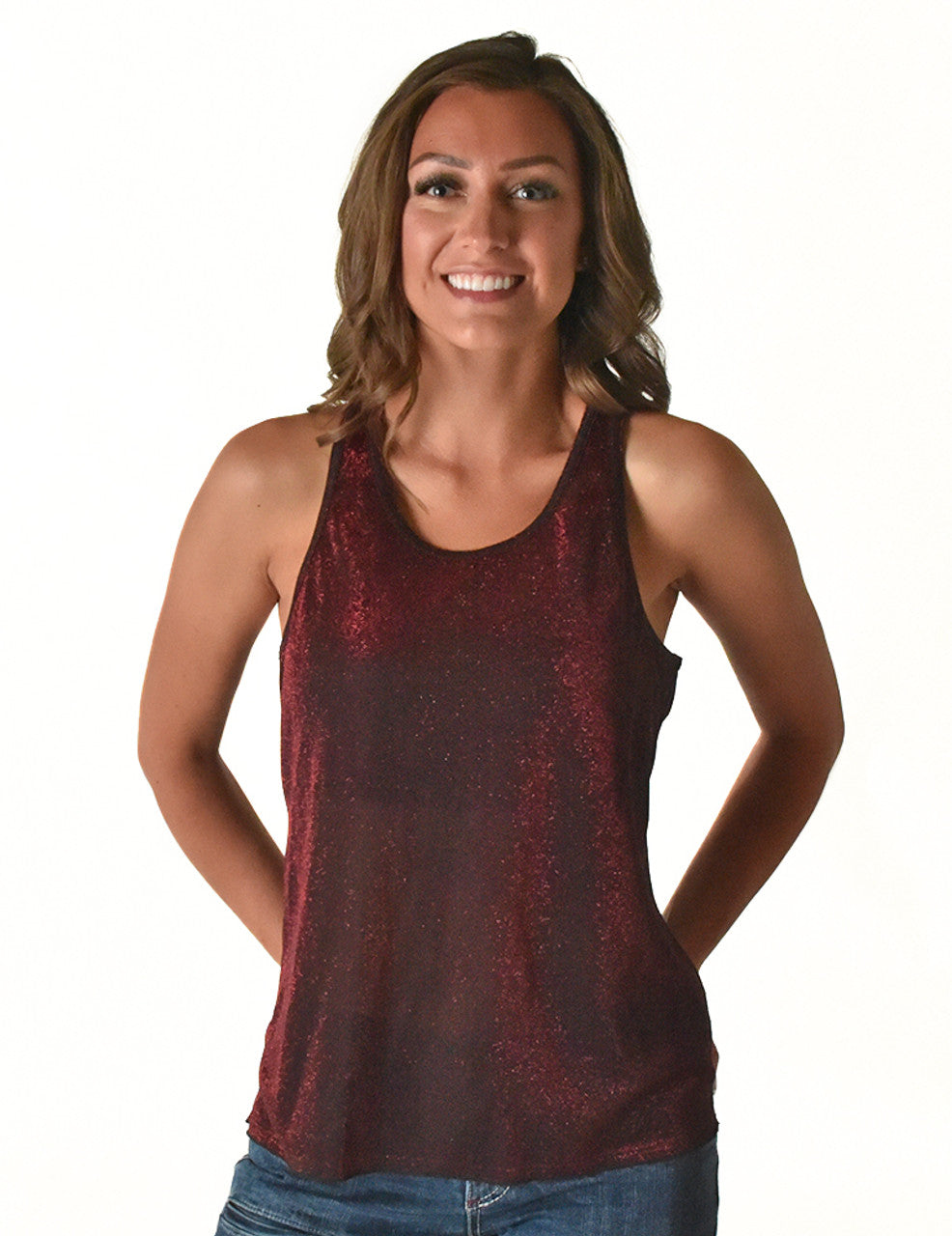 COWGIRL TUFF Women's Dark Red Shimmer Racerback Tank