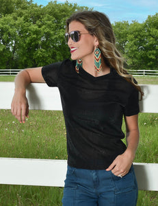 COWGIRL TUFF Women's Black Shimmer V-Neck Tee