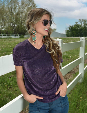 COWGIRL TUFF Women's Purple Shimmer V-Neck Tee