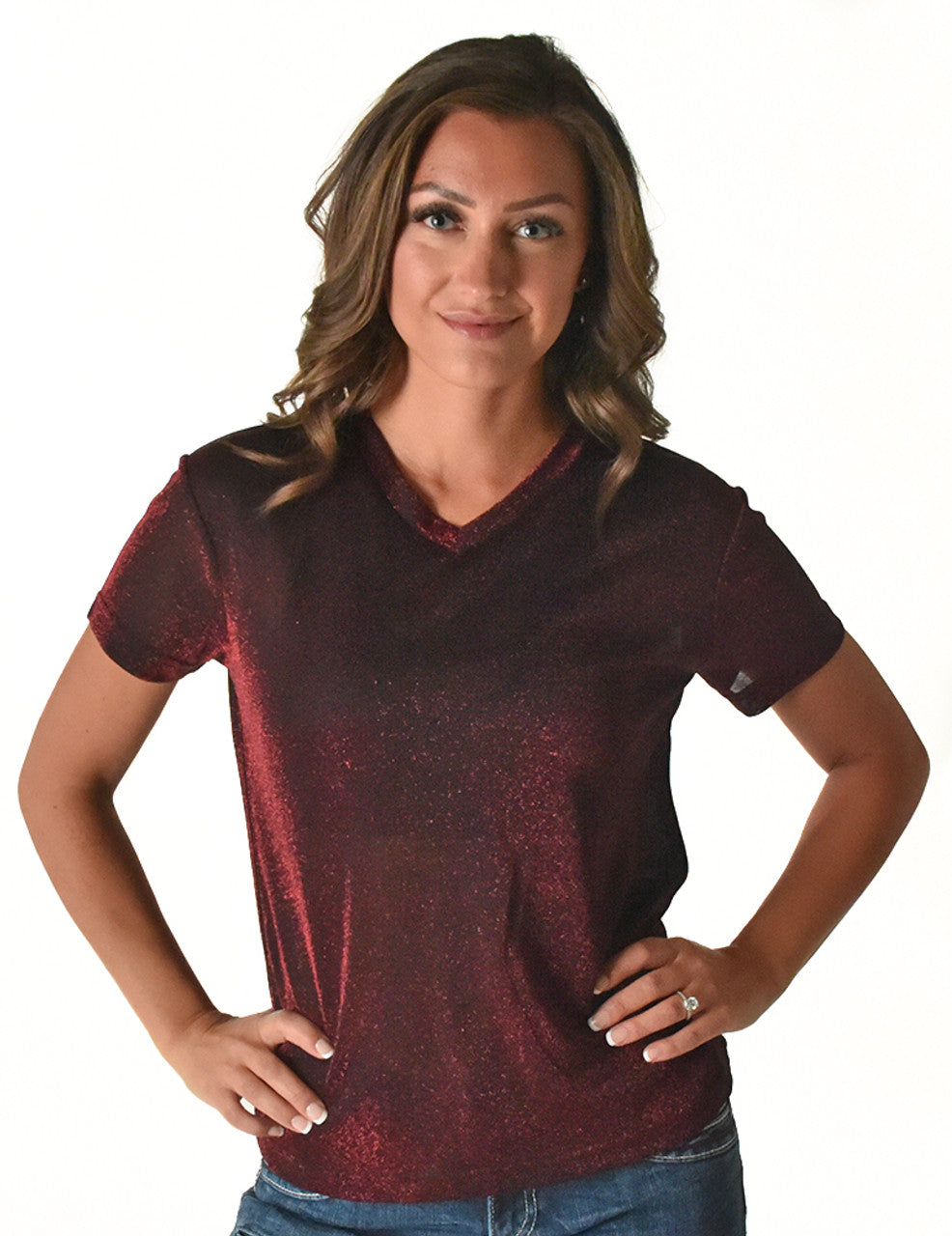 COWGIRL TUFF Women's Dark Red Shimmer V-Neck Tee