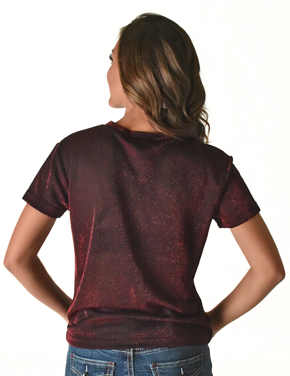 COWGIRL TUFF Women's Dark Red Shimmer V-Neck Tee