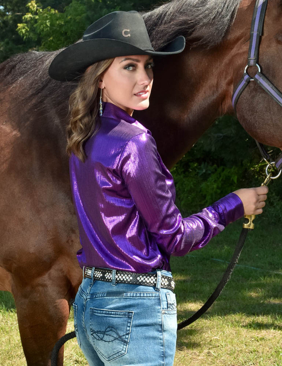 COWGIRL TUFF Magenta Lightweight Shimmer Pullover Button Up