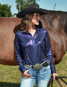 COWGIRL TUFF Deep Blue Shimmer Pullover Button-Up