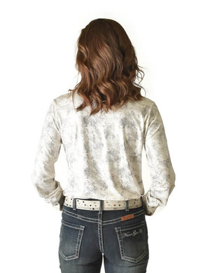 COWGIRL TUFF White Metallic Snakeskin Pullover Button-Up