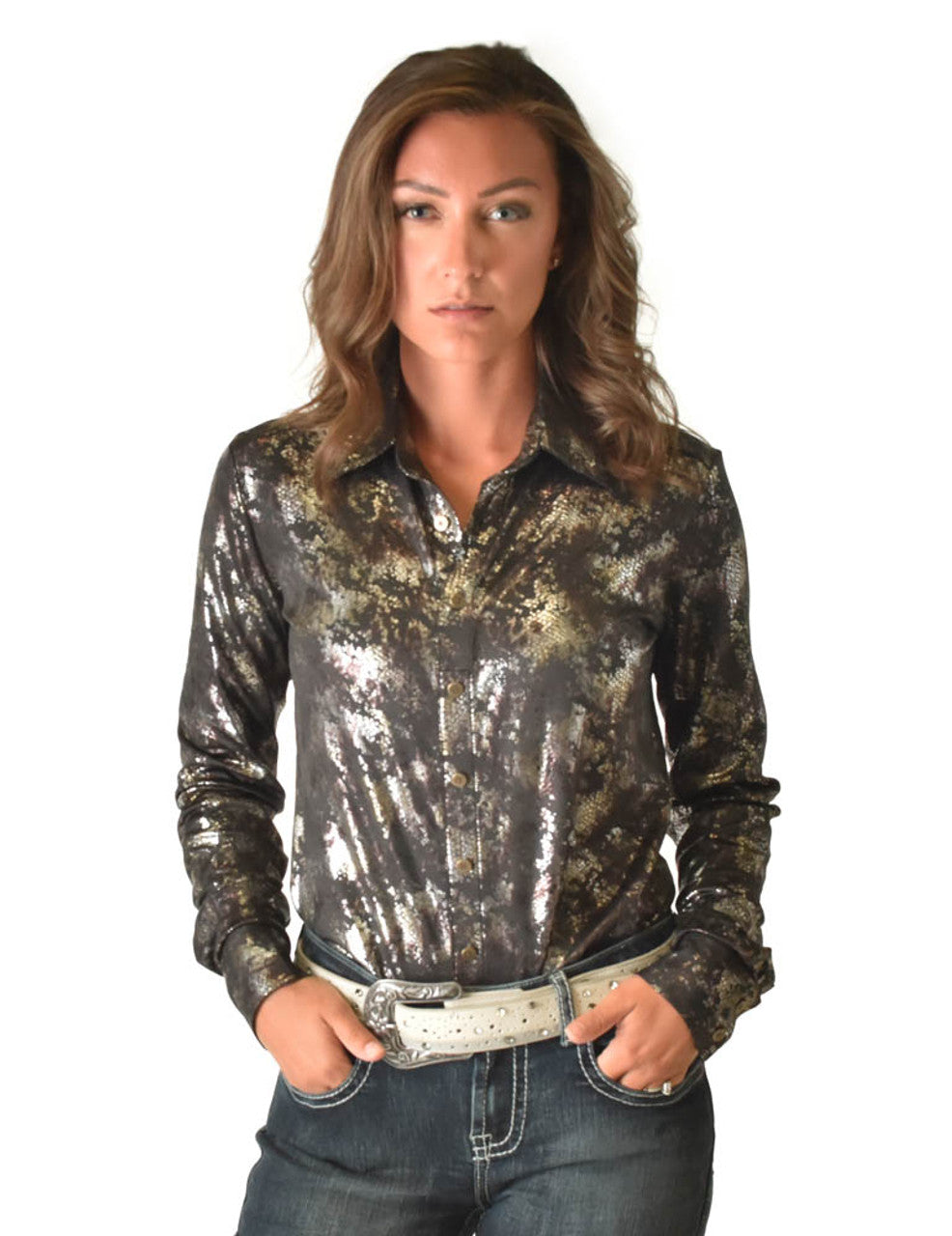 COWGIRL TUFF Black Metallic Snakeskin Pullover Button-Up