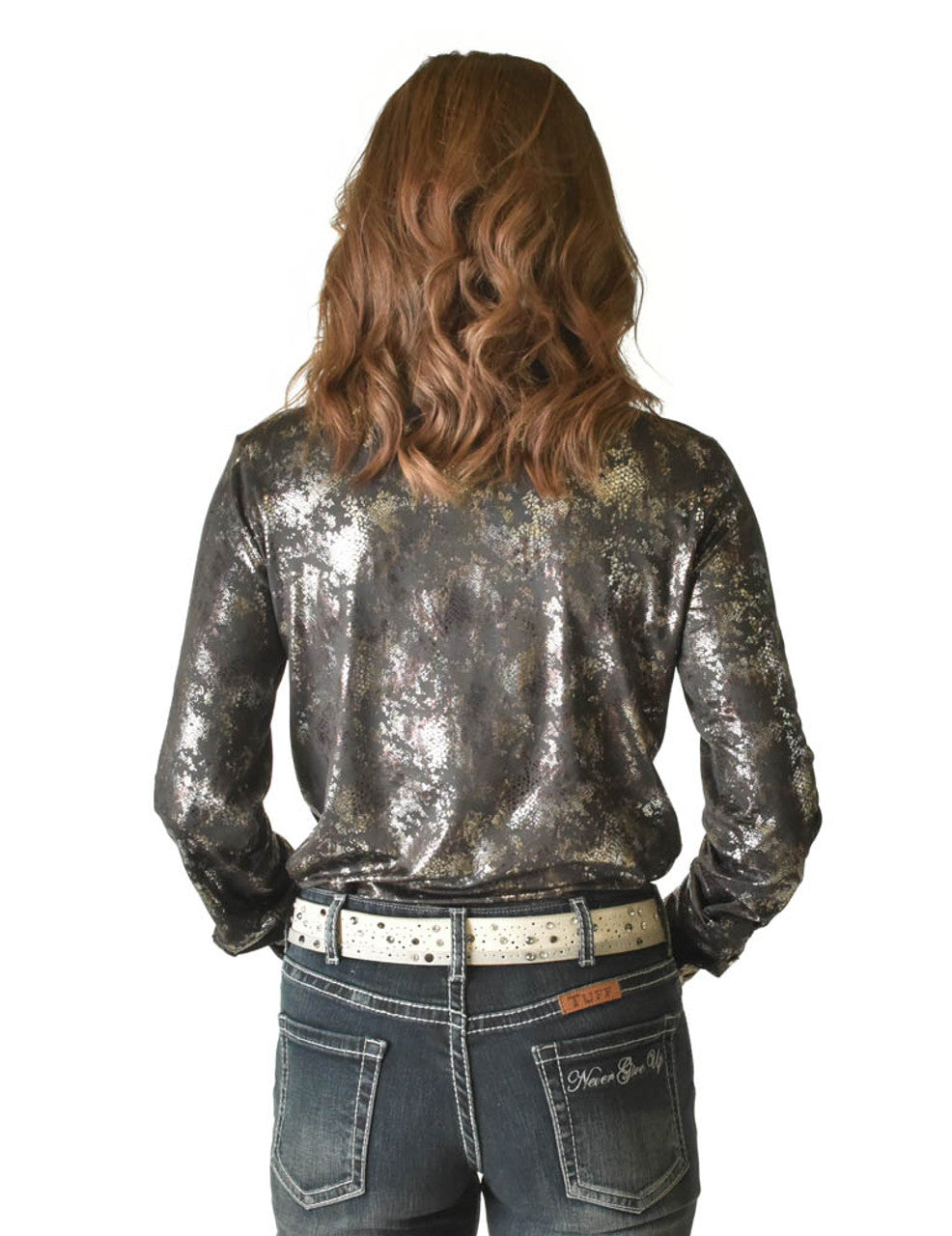 COWGIRL TUFF Black Metallic Snakeskin Pullover Button-Up