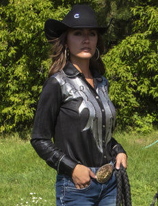 COWGIRL TUFF Women's Black And Silver Lightweight Metallic Jersey With Western Detailing Pullover Button Up