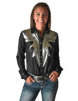 COWGIRL TUFF Women's Black And Silver Lightweight Metallic Jersey With Western Detailing Pullover Button Up