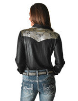 COWGIRL TUFF Women's Black And Silver Lightweight Metallic Jersey With Western Detailing Pullover Button Up