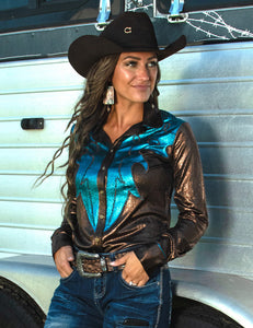 COWGIRL TUFF Women's Pullover Copper and Turquoise Lightweight Metallic Jersey with Western Detailing Pullover