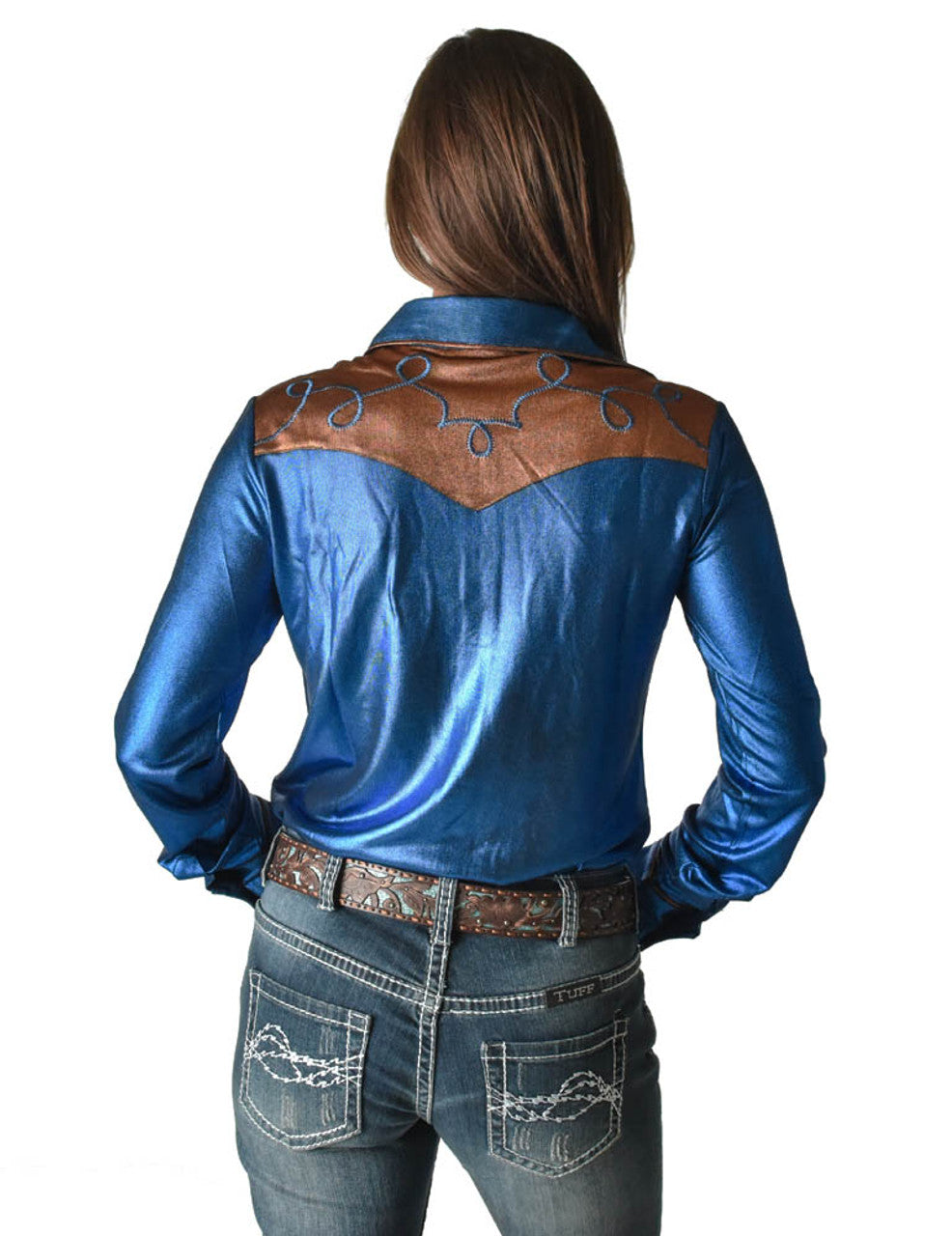 COWGIRL TUFF Blue And Copper Lightweight Metallic Jersey With Western Detailing Pullover Button Up