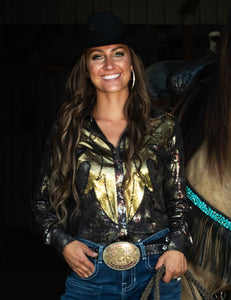 COWGIRL TUFF Black Snakeskin And Gold Lightweight Metallic Jersey With Western Detailing  Pullover Button Up