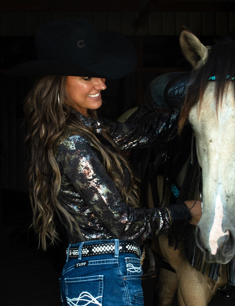 COWGIRL TUFF Black Snakeskin And Gold Lightweight Metallic Jersey With Western Detailing  Pullover Button Up