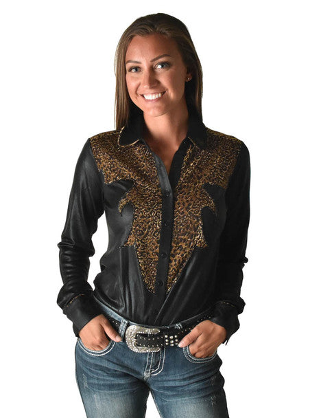 COWGIRL TUFF Women's Black and Copper Lightweight Metallic Jersey with Western Detailing  Pullover Button Up