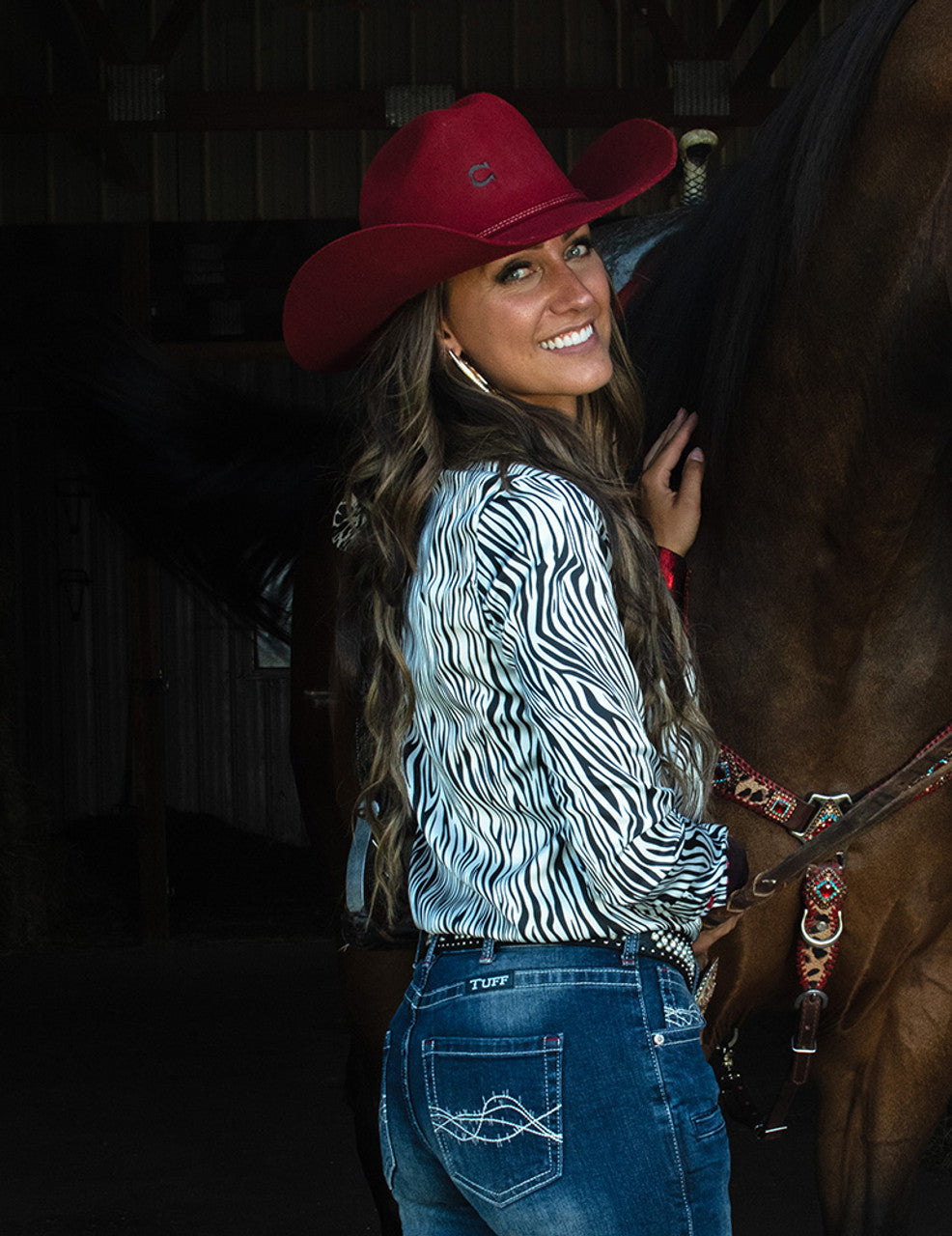 COWGIRL TUFF Black and White Zebra Lightweight Satin with Red Metallic Accents Pullover Button-Up