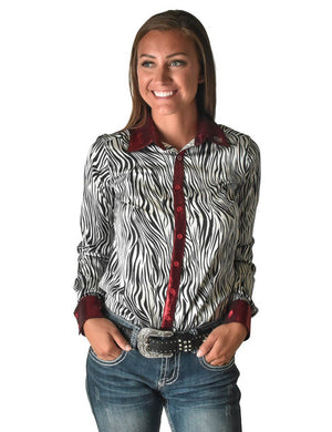 COWGIRL TUFF Black and White Zebra Lightweight Satin with Red Metallic Accents Pullover Button-Up