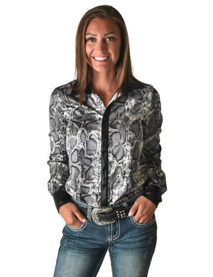 COWGIRL TUFF Black Snakeskin Lightweight Satin with Black Metallic Accents Pullover Button-Up