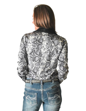 COWGIRL TUFF Black Snakeskin Lightweight Satin with Black Metallic Accents Pullover Button-Up