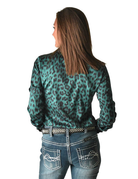 COWGIRL TUFF Women's Pullover Button Up Turquoise Leopard Lightweight Satin with Black Metallic Accents