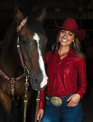 COWGIRL TUFF Women's Pullover Button Up Red Lightweight Metallic Snakeskin Bling