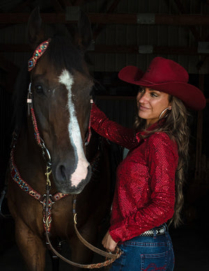 COWGIRL TUFF Pullover Button-Up (Red Lightweight Metallic Snakeskin Bling)