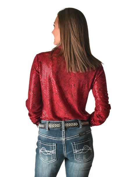 COWGIRL TUFF Women's Pullover Button Up Red Lightweight Metallic Snakeskin Bling