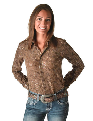 Cowgirl Tuff Tan Lightweight Metallic Snakeskin Bling Pullover Button-Up